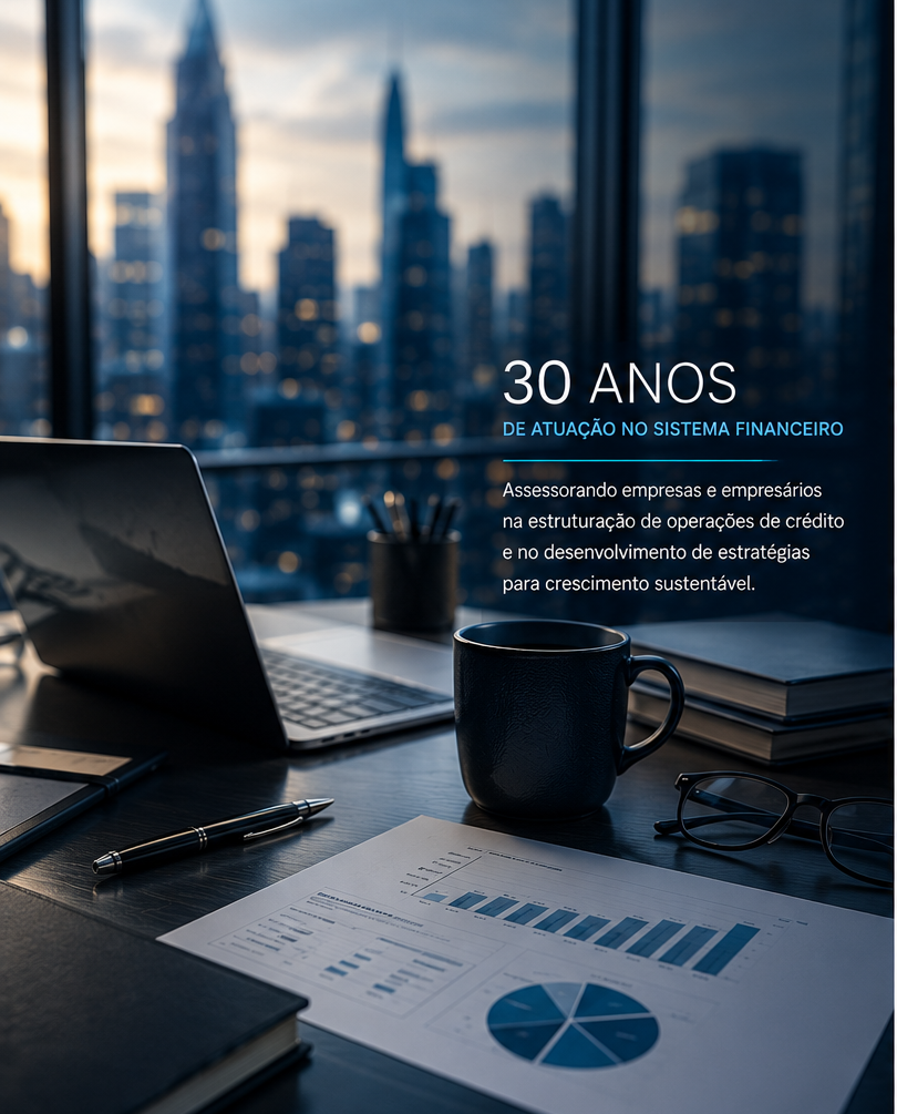 Escritório com vista da cidade — mais de 30 anos de atuação no sistema financeiro